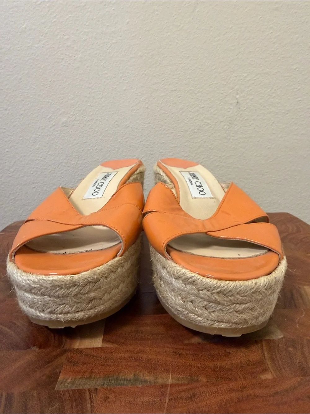 Jimmy Choo Phyllis Wedge Espadrille Orange Patent Leather Sandal Size 37 US 7